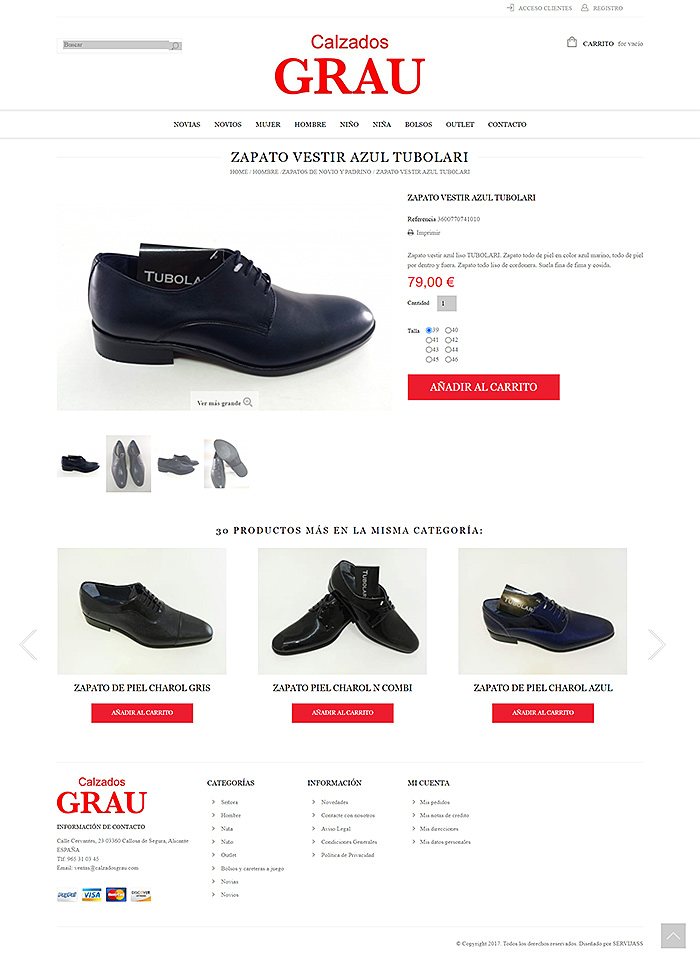 Tienda online Calzados Grau. Página web de un establecimiento. Aparición de zapato de vestir azul de hombre. Opción de añadir al carrito y a la cesta.