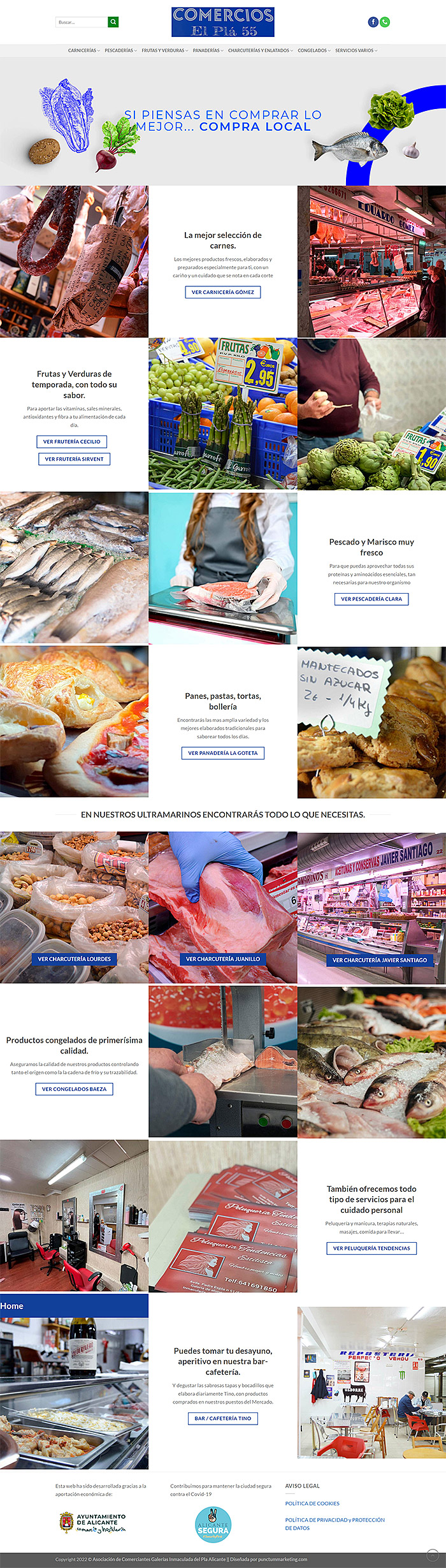 Imagen con detalle de pagina web asociación de comerciantes el pla 55. Comercios de alimentación, carne, pescado, verduras, frutas, panadería, frutos secos. En alicante